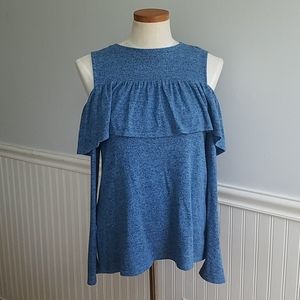 5 for $20! Heather Blue Cold Shoulder Ruffle Top